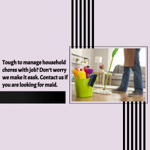 Image depicting household cleaning supplies and a person mopping, with text promoting maid services.