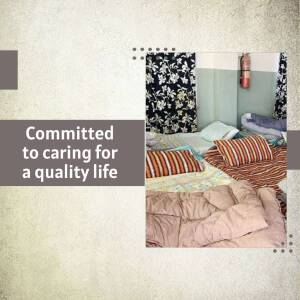 Image depicting beds in a healthcare or assisted living facility with text overlay 'Committed to caring for a quality life'.