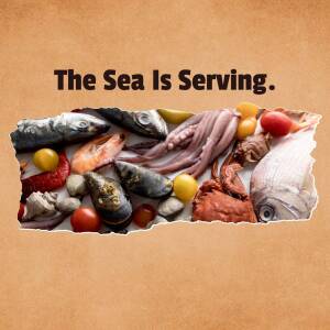 A torn paper revealing a variety of fresh seafood including fish, shrimp, crab, and shellfish.