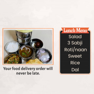 A traditional Indian lunch thali with rice, dal, vegetables, roti, and sweet.