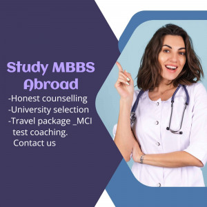 Woman in a white coat pointing, promoting MBBS abroad study programs.