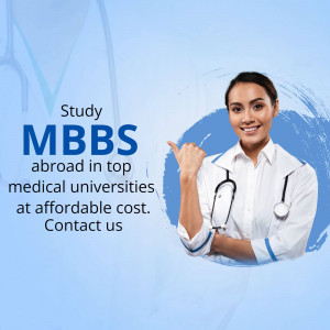 Woman in a white coat pointing to the side with text promoting MBBS studies abroad.