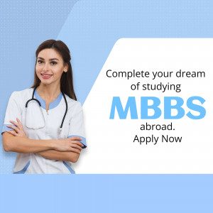 Young woman in a doctor's coat promoting MBBS study abroad opportunities
