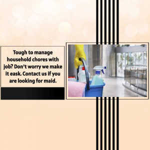 Image of cleaning supplies in a blue bucket with text about maid services.
