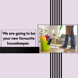 Image of a housekeeper with cleaning supplies in a living room, advertising cleaning services.