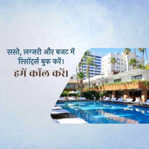 Image of a luxury resort with a swimming pool and text promoting resort bookings.