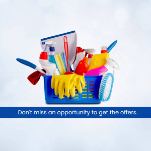 A blue basket overflowing with colorful cleaning supplies, including brushes, sponges, gloves, and spray bottles.