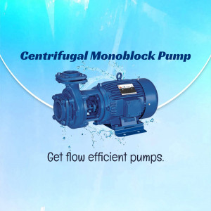 Blue centrifugal monoblock pump with water splashes