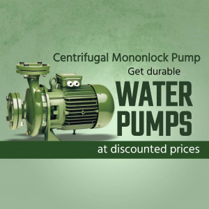 Green centrifugal monoblock water pump with text overlay promoting discounted water pumps.