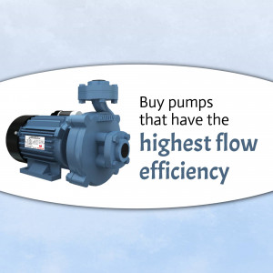 Blue centrifugal pump with text promoting high flow efficiency