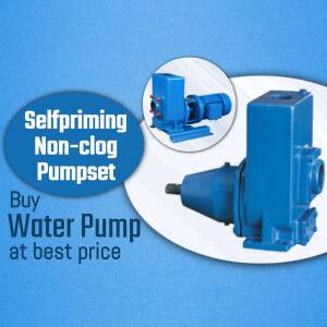 Blue self-priming non-clog water pump with a close-up inset
