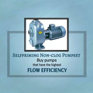 Image of a grey self-priming non-clog pump set with text advertising its flow efficiency.