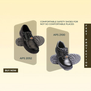 Two pairs of black APS safety shoes, APS 2100 and APS 2052, displayed on a beige background.
