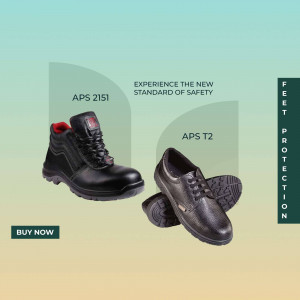 Two pairs of APS safety shoes, APS 2151 and APS T2, displayed on a gradient background.