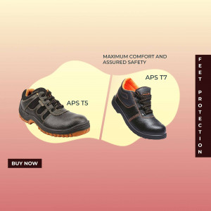 Two APS safety shoes, T5 and T7 models, displayed on a peach and brown background.