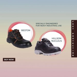 Two pairs of black safety shoes, Beston and Hillson Nucleus, displayed on a gradient background with text highlighting their industrial use.