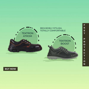 Two pairs of Tektron safety shoes, one 'Atrom' and one 'Boost', displayed on a green gradient background.