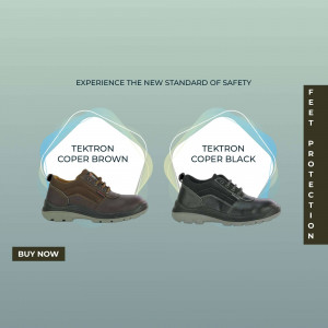 Two Tektron safety shoes, one in copper brown and one in black, displayed on a light blue background.