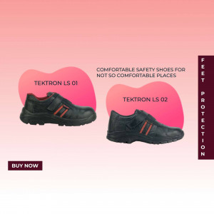 Two black safety shoes, Tektron LS 01 and Tektron LS 02, displayed on a pink and red gradient background.