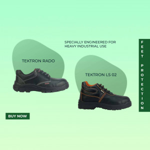 Two Tektron industrial safety shoes, Rado and LS 02, on a green background with text promoting heavy industrial use and foot protection.