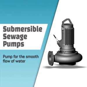 Image of a submersible sewage pump against a blue background with text.