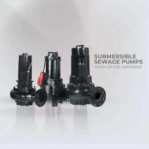 Three black submersible sewage pumps against a white reflective background with text 'Submersible Sewage Pumps - Pump up the happiness'