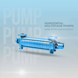 Image of a blue horizontal multistage pump with the text 'Horizontal Multistage Pumps - More Water, Less Electricity'