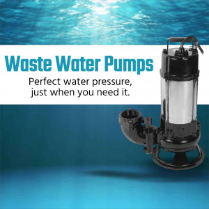 Waste water pump on a blue background with text overlay