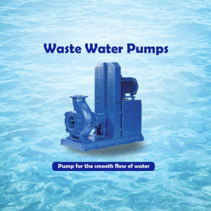 Blue industrial waste water pump against a blurred blue water background