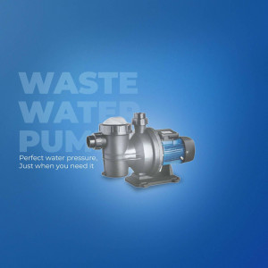 Silver waste water pump on a blue gradient background with text 'Waste Water Pump'