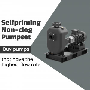 Image of a selfpriming non-clog pumpset with text promoting purchase and high flow rate.