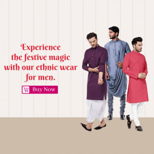 Three men wearing traditional Indian ethnic wear - kurta pajamas - promoting a festive collection.