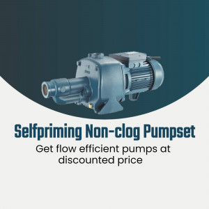 Blue self-priming non-clog pumpset on a teal background with text overlay