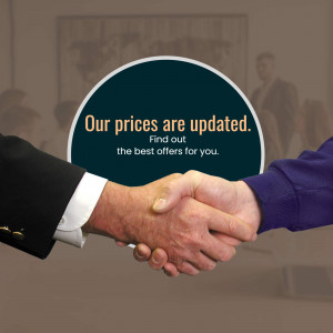 Business handshake with text announcing updated prices