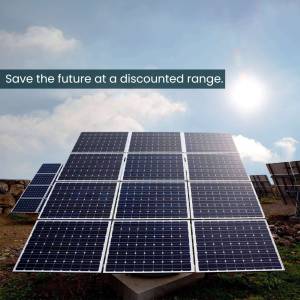 A field of solar panels under a bright sky with text promoting discounted rates.