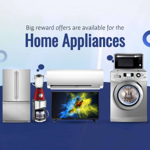 Selection of home appliances including refrigerator, air conditioner, blender, coffee maker, TV, and washing machine with promotional text.