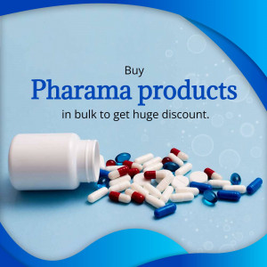 Image of pills and a bottle with text promoting bulk discounts on Pharma products.