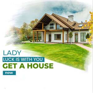 Beautiful house with green lawn and promotional text