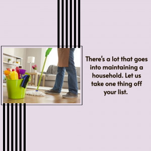 Person mopping floor with cleaning supplies in background and text promoting cleaning services.