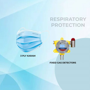 Image showing a surgical mask and a fixed gas detector with the text 'Respiratory Protection' and 'Fixed Gas Detectors'