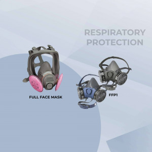 Image of different types of respiratory protection masks including full face mask and FFP1 mask.