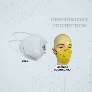 Image of two different respiratory protection masks, one white and one yellow, displayed on a mannequin head and separately.