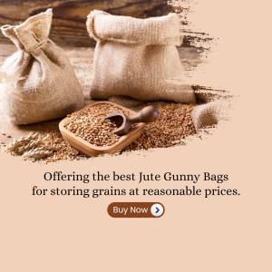 Jute bags filled with grains and seeds, with a wooden scoop and text promoting affordable storage solutions.