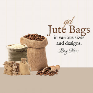 Image of jute bags filled with coffee beans and grains, promoting their availability in various sizes and designs.