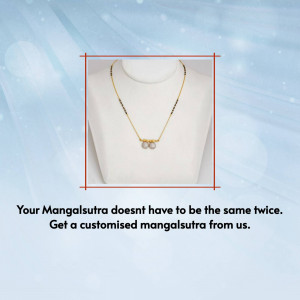 Close-up of a gold mangalsutra on a mannequin with a light blue background and text promoting customization.