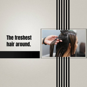 A promotional image for a hair salon featuring a stylist working on a client's hair.