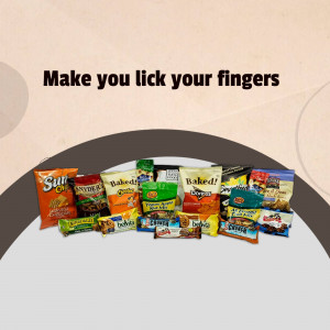 A collection of various snack chip and candy packages arranged on a light brown background with the text 'Make you lick your fingers'.