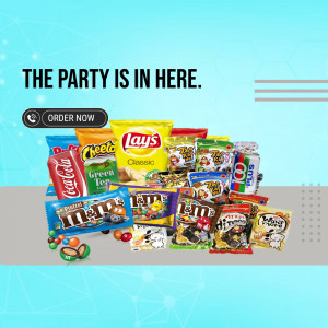 Assorted snack foods including chips, chocolate, and candies arranged for a party.