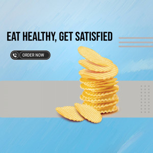 A stack of golden, crispy potato chips with the text 'Eat Healthy, Get Satisfied'