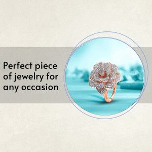 Close-up of a rose gold ring shaped like a flower with sparkling stones.